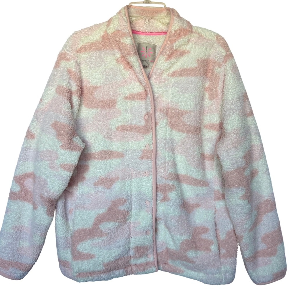 Isaac Mizrahi Pink Camo Sherpa Fleece Jacket Womens 1X Cozy Button Front